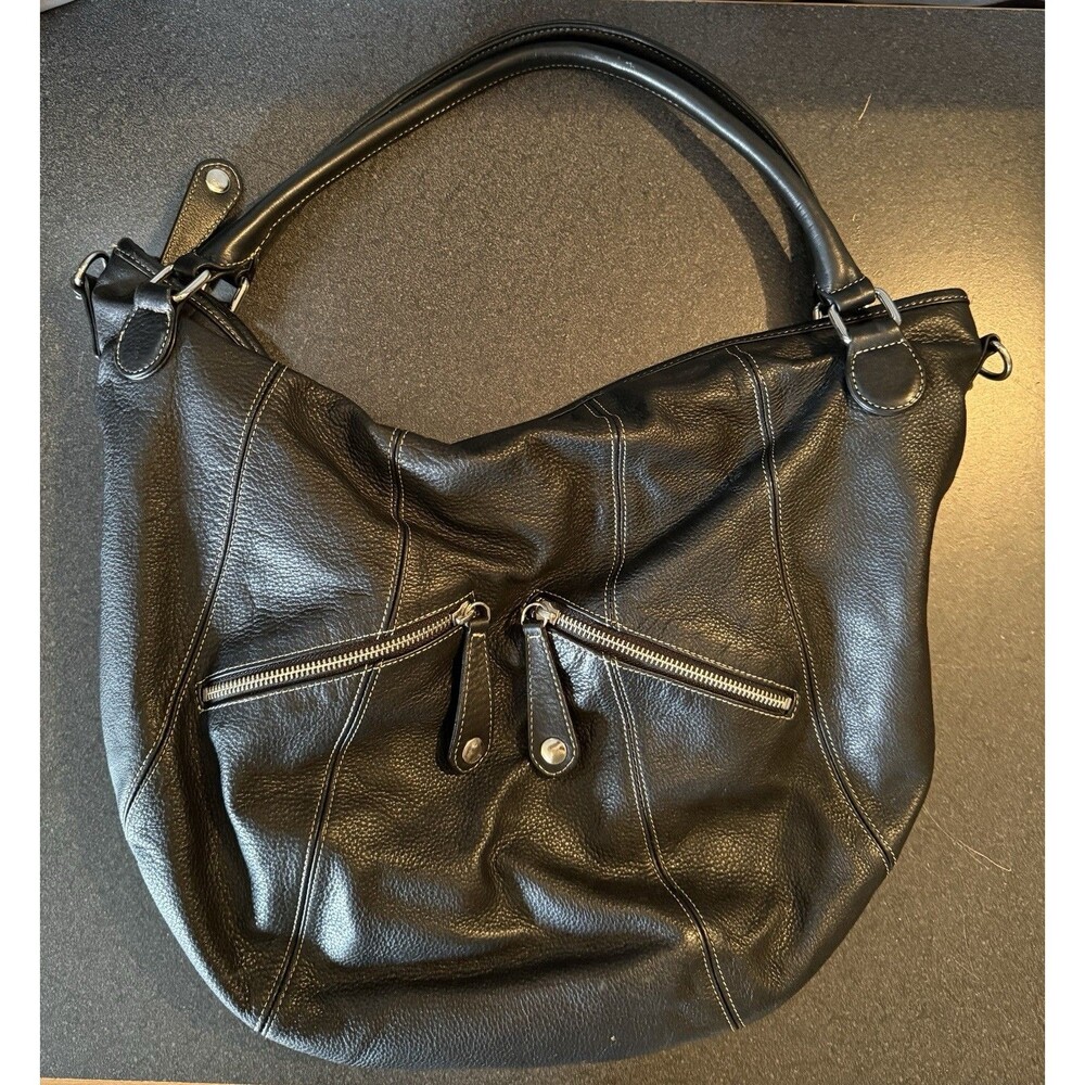 Vintage Y2K Perlina New York Black Pebbled Leather Hobo Bag Large Purse Slouchy